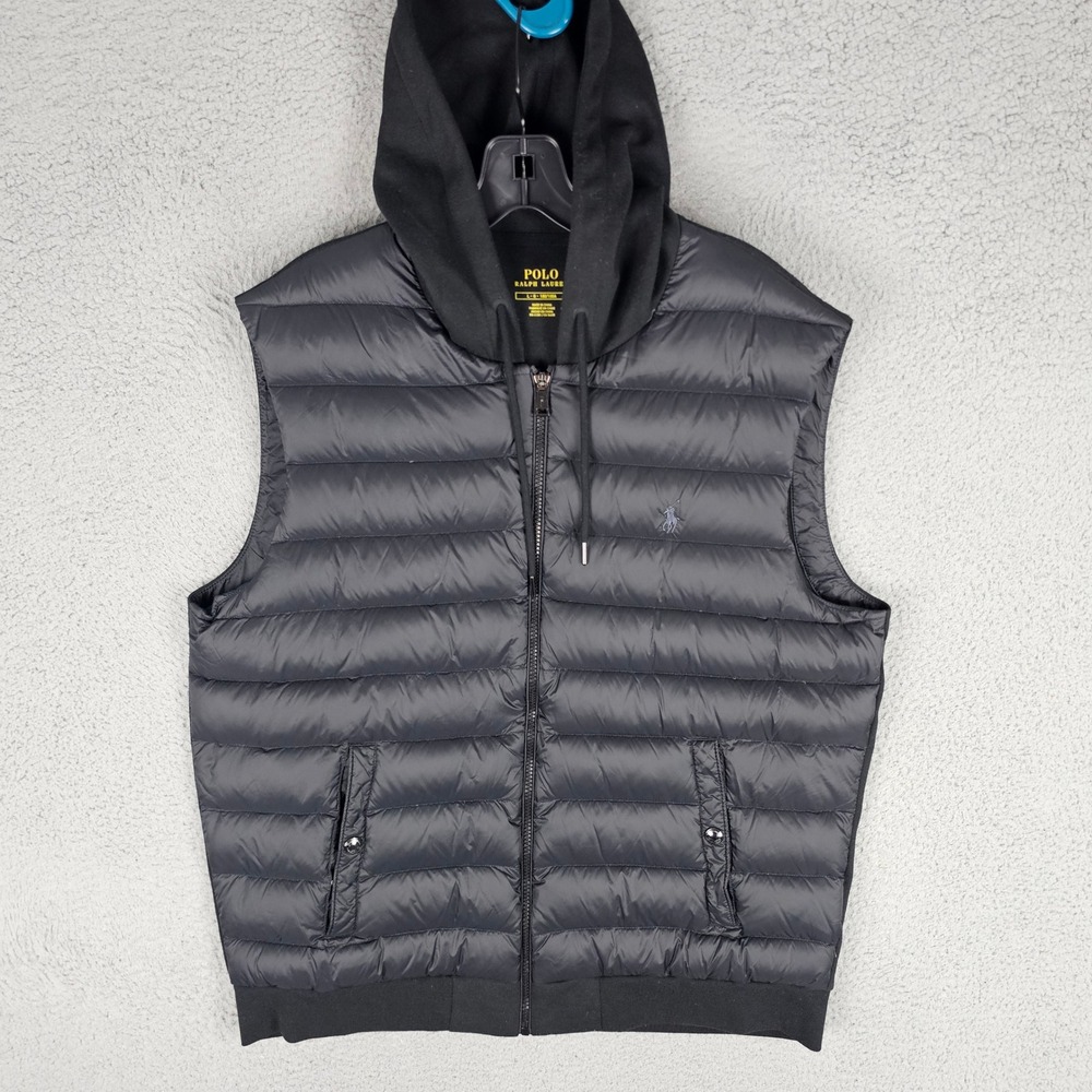 Polo Ralph Lauren Puffer Vest Mens Large Black Hooded Down Fill Quilted Zip Up